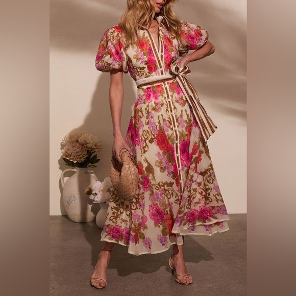 FECO DI FIORI Floral Belted Maxi Dress with Puff Sleeves Size L - NWOT - Picture 2 of 4